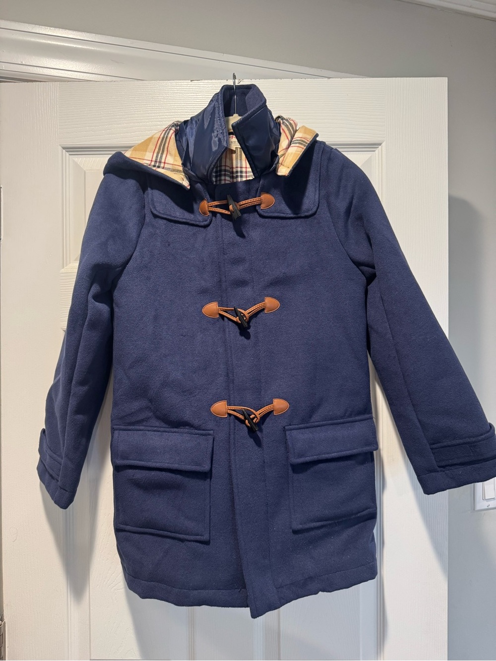 Children's Navy Toggle Pea Coat with Plaid Lining